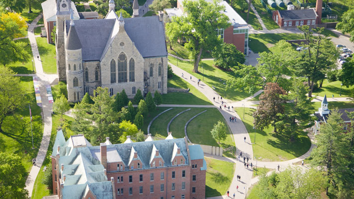 An aerial view of Cornell College's campus in Mount Vernon, Iowa