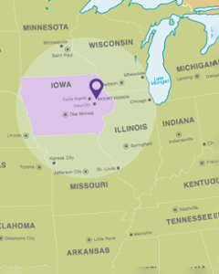 A map of Iowa with a pin dropped on Mount Vernon