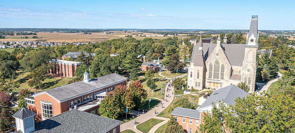 An aerial view of Cornell College's campus in Mount Vernon, Iowa