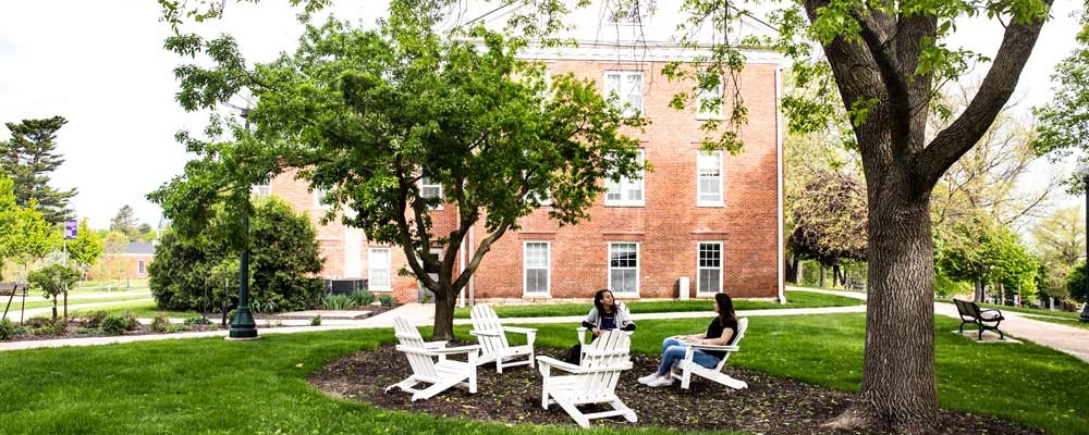 Cornell students sit in Adirondack chairs in the summer on campus. 