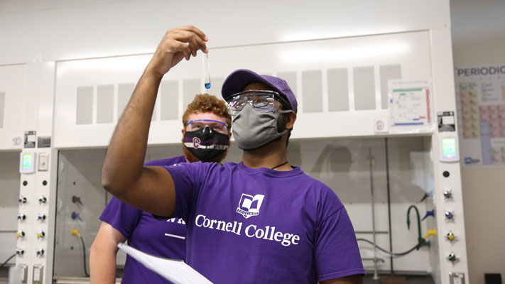 Cornell College biochemistry and molecular biology students work in the Russell Science Center in one of the chemistry labs