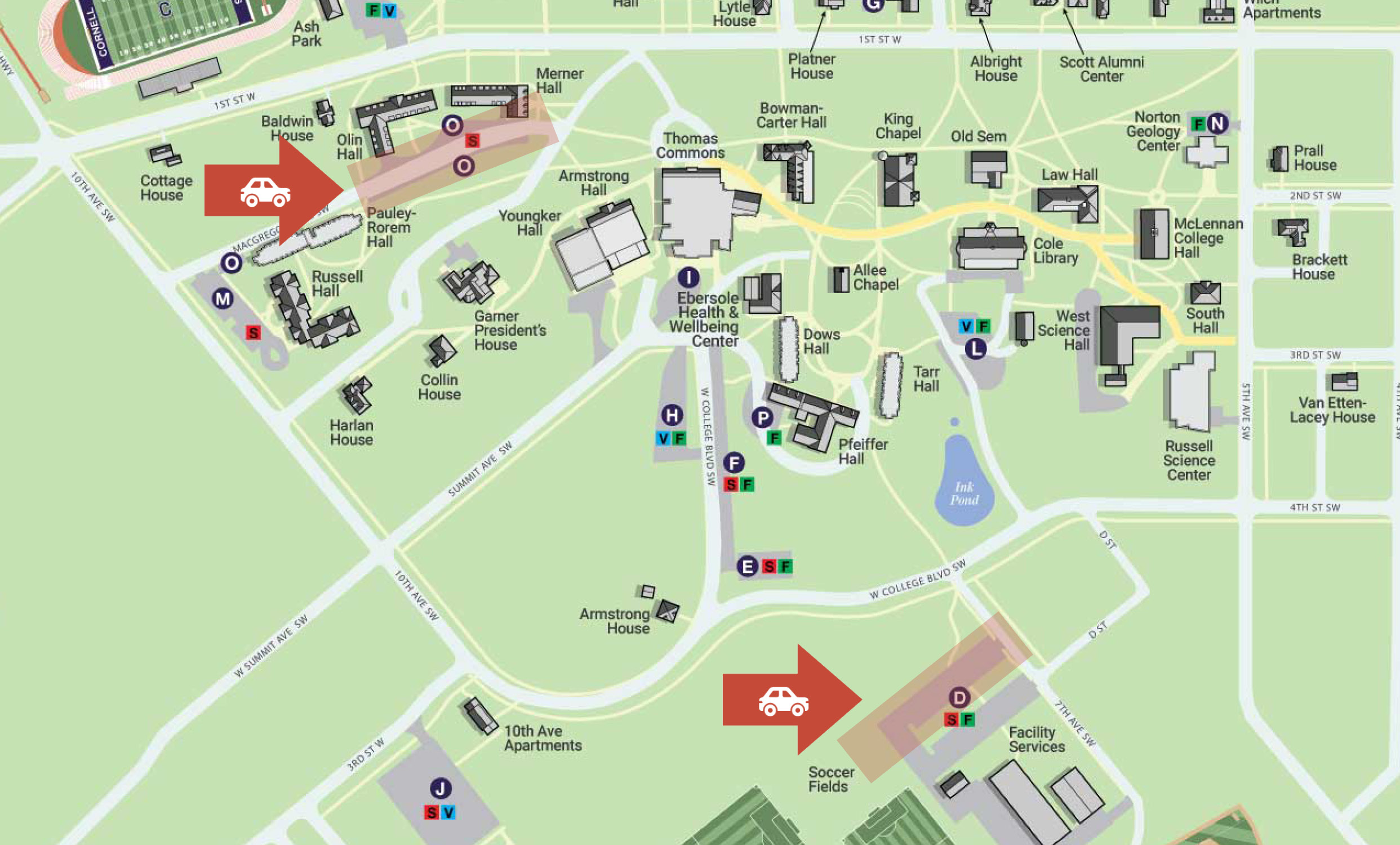 Campus map with summer parking locations highlighted.