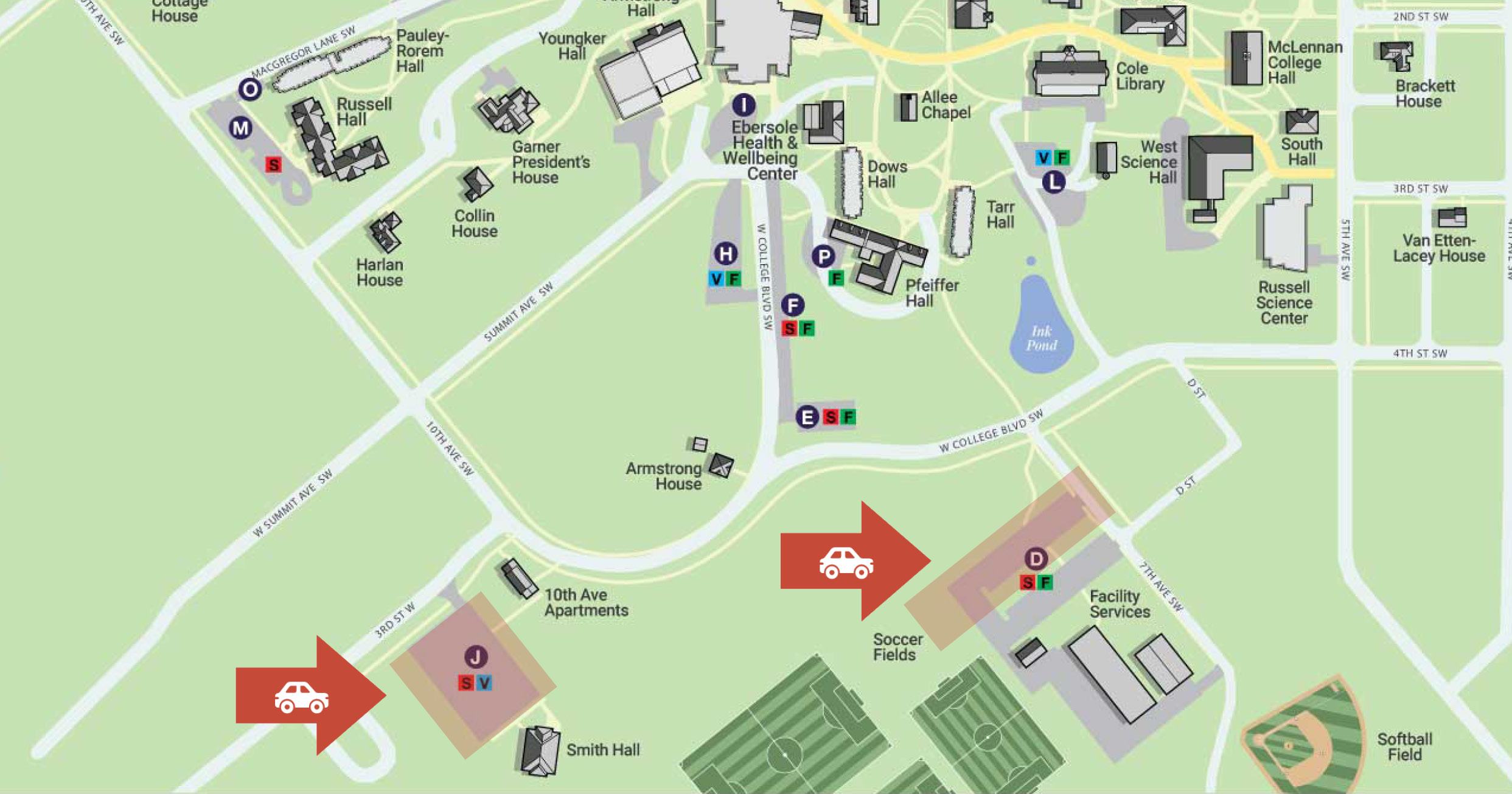 Campus map with winter break parking locations highlighted.