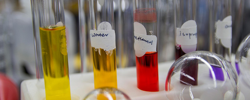 Colorful dyes in Cornell chemistry lab test tubes.