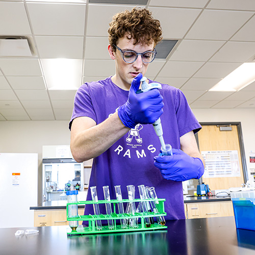 Student filling test tubes in a laboratory