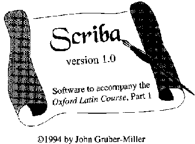 a scroll opening, the overturned sides have an intricate pattern. the scroll reads "Scriba version 1.0 software to accompany the Oxford Latin Course, Part 1 