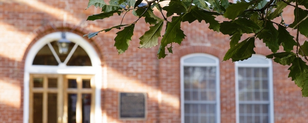 Cornell College campus building with the silhouette of a tree branch.