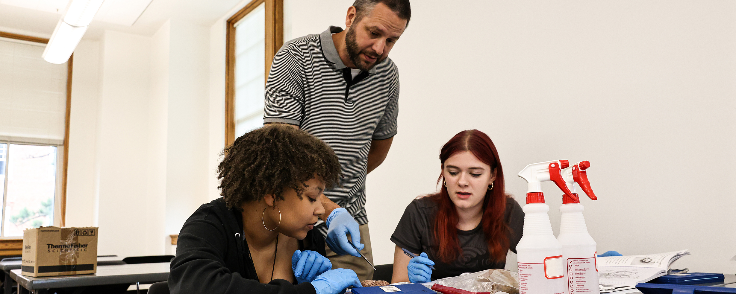  Students exploring the brains of zombies in lab.