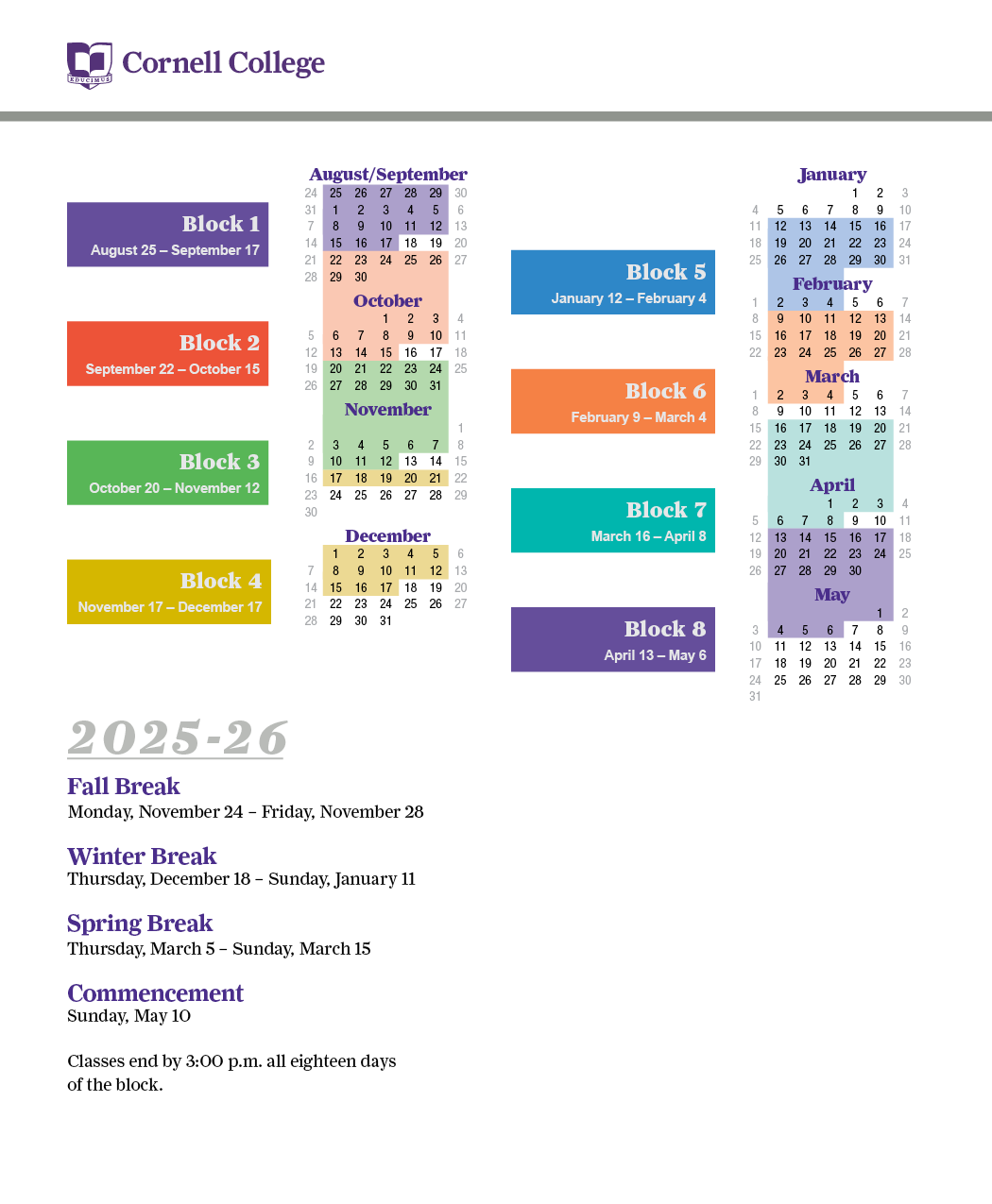 2025 26 Academic Calendar Cornell College Mount Vernon Iowa