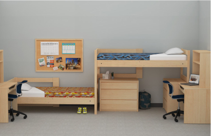 Two beds lofted using a bed and furniture in a long configuration