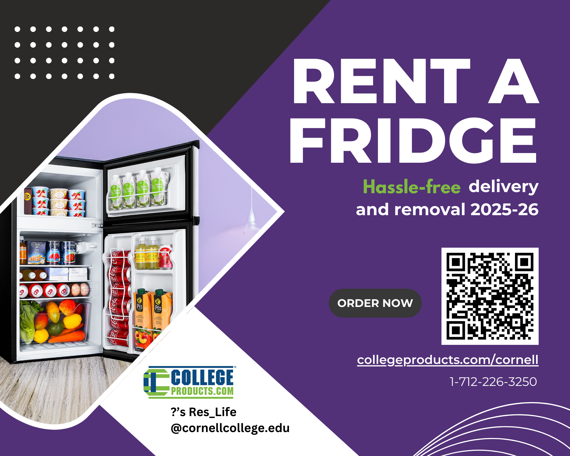 Promotional image of the rent a fridge program with a QR code to go to the vendor's website.